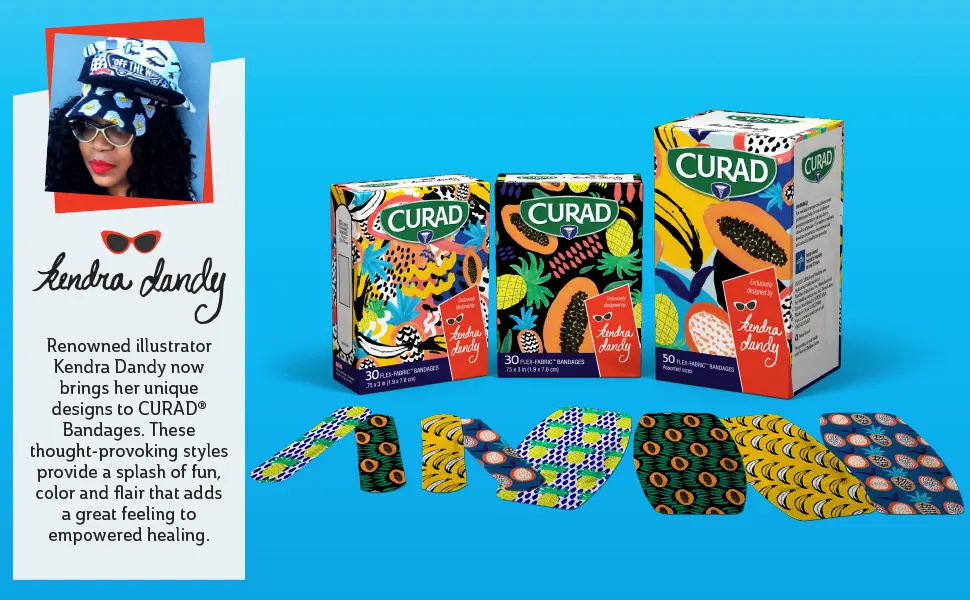 Curad Kendra Dandy Designer Bandages 4 Colorful Patterns Flex-Fabric Variety Pack with Standard & XL Bandages 50 Count - Curad Kendra Dandy Bandages