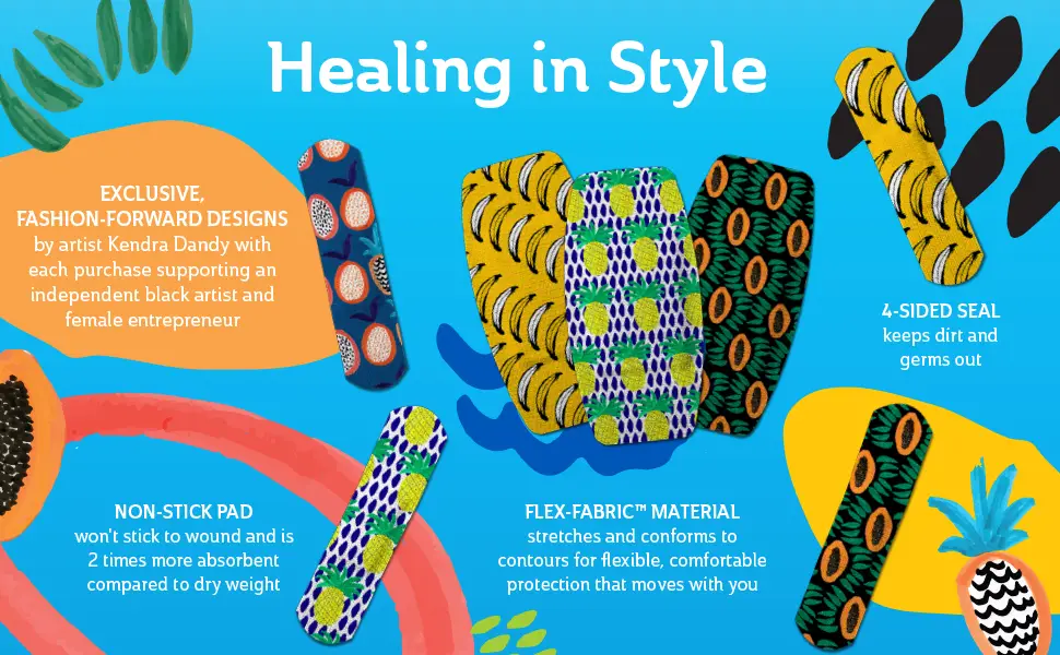 Curad Kendra Dandy Designer Bandages 4 Colorful Patterns Flex-Fabric Variety Pack with Standard & XL Bandages 50 Count - Curad Kendra Dandy Bandages