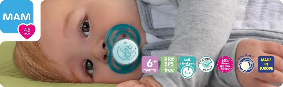 MAM Perfect Night Baby Pacifier Patented Nipple Glows in the Dark 2 Pack 6-16 Months Boy (Design May Vary) - newborn pacifier mam maam pacifier pacifier holder baby pacifier pacifier case pacifiers for babies