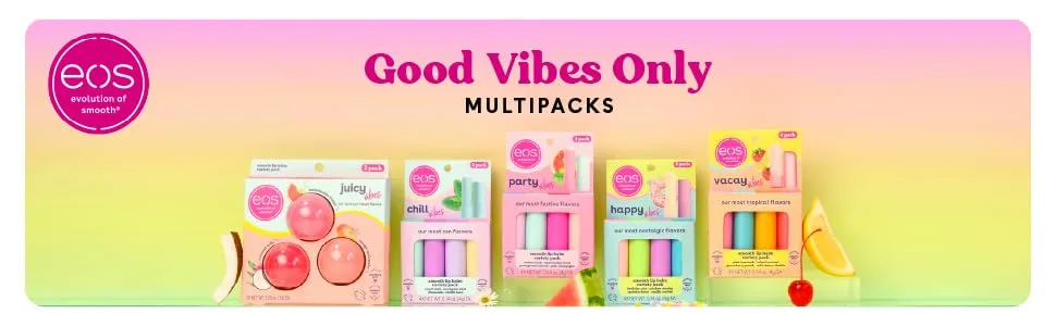 eos Vacay Vibes Lip Balm Variety Pack- Pink Lemonade Island Coconut Guava Berry Punch & Wild Cherry Slushie All-Day Moisture Lip Care Products 0.14 oz 4-Pack - Good Vibes Only Multipacks