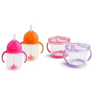 Munchkin Happy Snacker Snack Catcher and Toddler Weighted Straw Sippy Cup Set 4 Count Pink/Purple/Orange - Happy Snacker