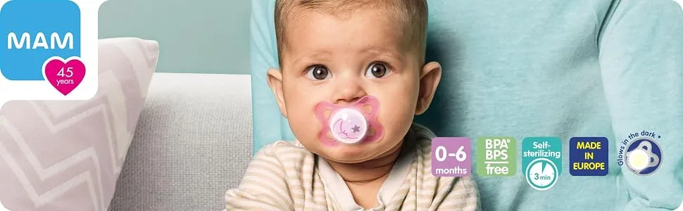 MAM Original Night Pacifiers, Binky Pacifier for 0-6 Months, BPA-Free Silicone, Glows in The Dark, Best for Newborn Babies, Developed with Medical Experts, 2 Count Binkies, with Sterilizer Case - newborn pacifier mam maam