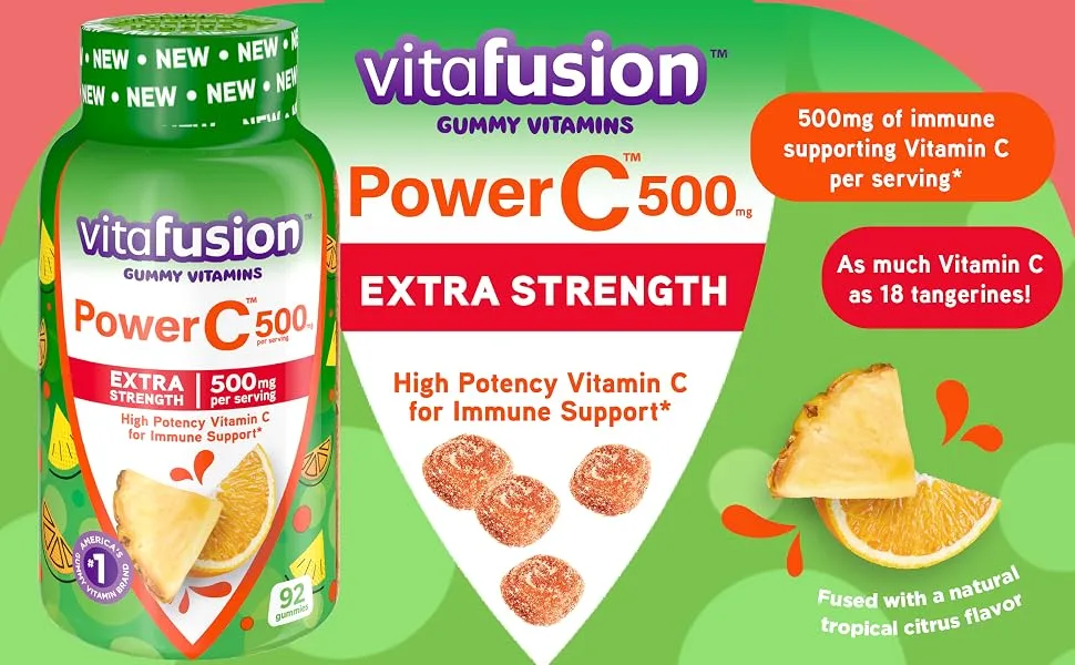 Vitafusion Extra Strength Power C Gummy Vitamins Tropical Citrus Flavored Immune Support (1) Vitamins 92 Count - Vitafusion Power C Extra Strength 500mg Gummies America