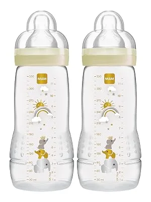 MAM Easy Active Bottle 11 oz (2-Count) Fast Flow Bottles 4+ Month Unisex Gray Unisex Easy Active 11 Ounce - mam pacifier bottle sterilizer breastfeeding bottles for babies newborn essentials