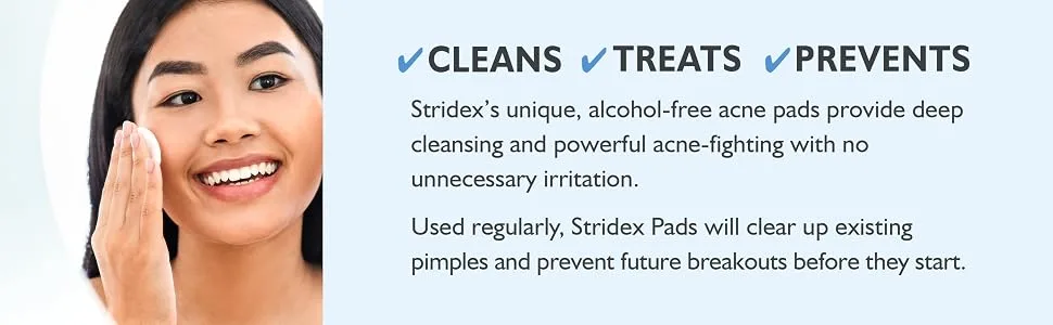 Stri-Dex Medicated Pads Sensitive 2 Count 55 Count (Pack of 2) - Woman wiping face with Stridex pad and Cleans - Treats - Prevents in text box