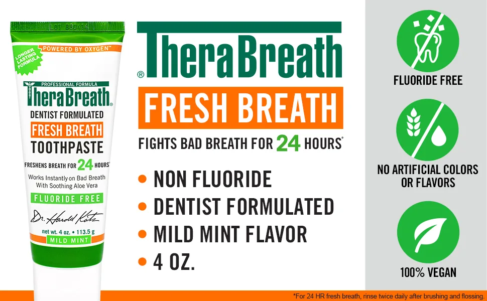 TheraBreath Fresh Breath Dentist Formulated Fluoride Free Toothpaste Mild Mint 4 Ounce (Pack of 2) Multi - Therabreath