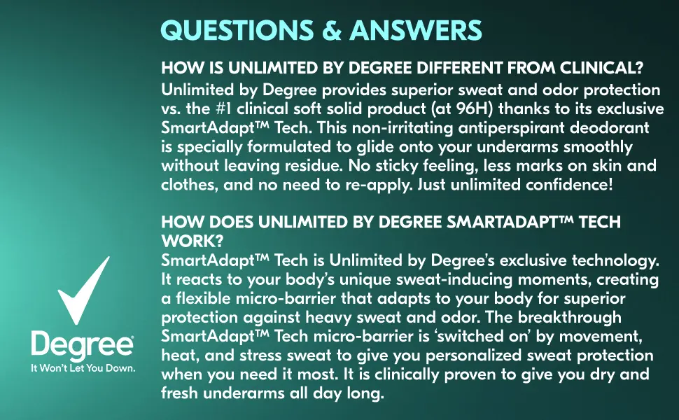 Degree Unlimited Antiperspirant Deodorant Stick Clean 2 Count Long-Lasting Sweat & Odor Protection with Antiperspirant Technology SmartAdapt Tech 2.7 oz - product information 3