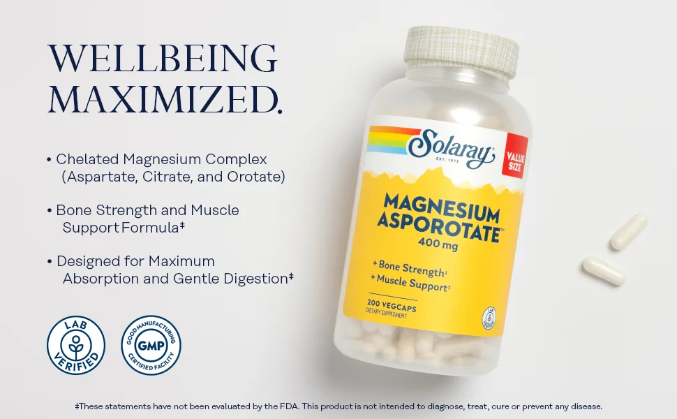 Solaray Magnesium Asporotate 400 mg Chelated Magnesium Supplement for Bone Health Muscle & Nerve Function Support 200 Count (Pack of 1) - Magnesium