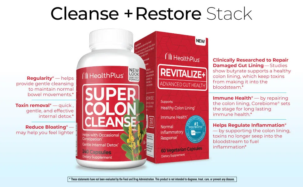 Health Plus Super Colon Cleanse Laxative 530 Milligrams 120 Count (Pack of 1) - fiber pills support regularity, bowel movements, and fat loss - pair with Revitalize+ postbiotics