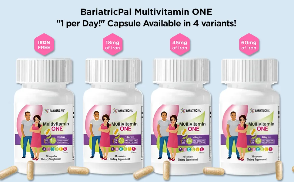 BariatricPal Multivitamin ONE 1 per Day! Bariatric Multivitamin Capsule with 18mg Iron (90 Count) 90 Count (Pack of 1) - Multivitamin ONE Capsules Variants