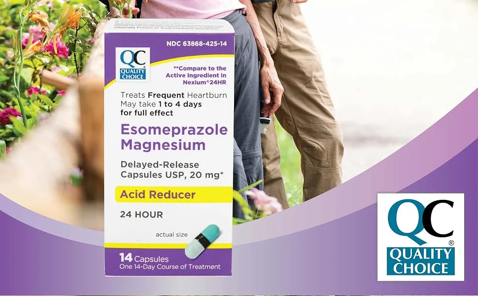 Quality Choice Esomeprazole Magnesium 20 mg Acid Reducer & Heartburn Relief Delayed Release Capsules for 24 Hour (All Day and Night) Protection 14 Count - 99635-