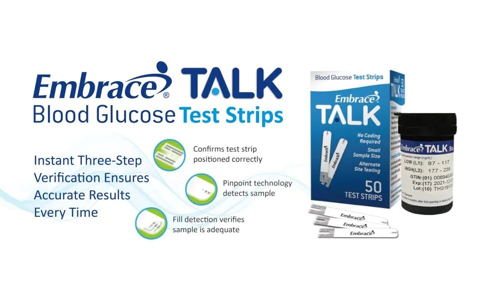 Embrace Diabetes Testing Kit Includes 1 Embrace Talk Meter 50 Embrace Talk Test Strips 50 Embrace 30g Lancets 1 Embrace Lancing Device 1 Control Solution and Carrying Case - product information 3