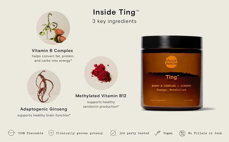 Moon Juice Ting Refill Pack B Complex & Methylated B12 Vitamin Supplement Metabolism Support & Caffeine Free Natural Energy - 4:1 Concentrated Ginseng Extract Vegan Sugar-Free (Refill Pack) - ting moon juice powder energy boost natural protein metabolism mood enhance performance serotonin