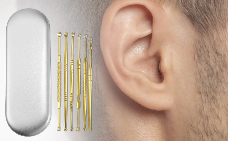 VOCOSTE 6Pcs Stainless Steel Ear Cleansing Tool Set Ear Cleaner Ear Care Set with Storage Case Bronze Gold Tone - Earwax Cleaning Tools Set