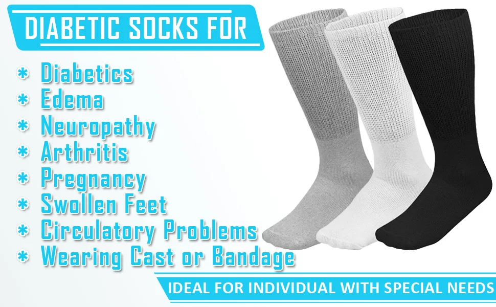Falari 3-Pack Physicians Approved Diabetic Socks Cotton Non-Binding Loose Fit Top Help Blood Circulation 10-13 Crew Length - Black - 67-DB-CREW-1