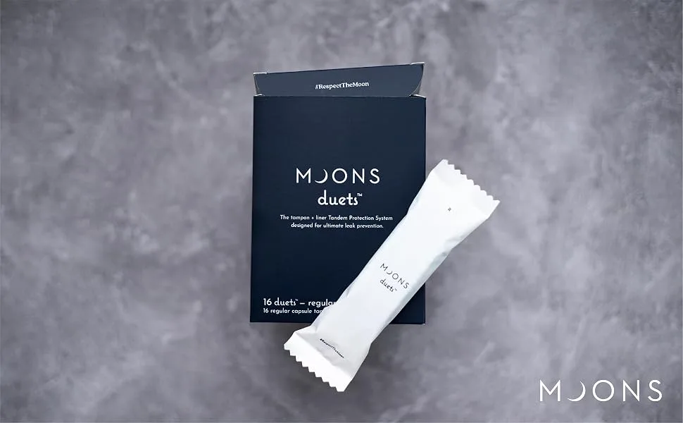 Moons Duets Tampon Plus Liner System | Compact Tampons with Slim Liners in Soft Pouch Combo | No Toxins Bleaches or Perfumes | Ultimate Leak Protection (32 Count | 16 tampons 16 Liners) Regular - Our Story