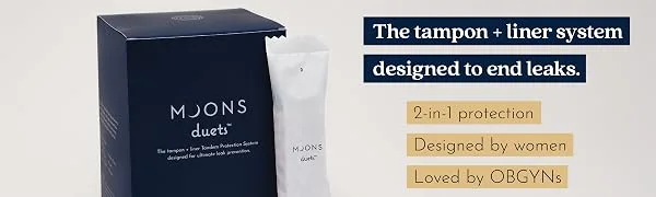 Moons Duets Tampon Plus Liner System | Compact Tampons with Slim Liners in Soft Pouch Combo | No Toxins Bleaches or Perfumes | Ultimate Leak Protection (32 Count | 16 tampons 16 Liners) Regular - Tampons Liners Pads