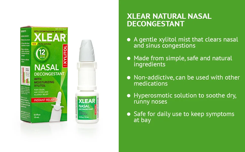 Xlear 12-Hour Nasal Decongestant Spray Natural Saline Nasal Spray with Xylitol and Oxymetazoline Instant Sinus Pressure and Congestion Relief for Kids and Adults 0.5 fl oz (Pack of 1) - sinus irrigation system neilmed sinus rinse bottle