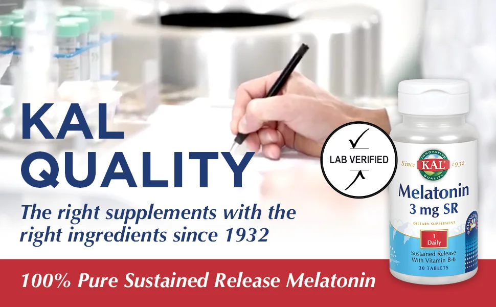 KAL 3 Mg Melatonin Tablets 30 Count - KAL Melatonin Sustained Release 3mg 100% Pure Vitamin B6 Riboflavin Relaxation Support 30 Tablets