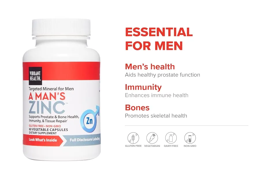 Vibrant Health A Man's Zinc Prostate Immune and Bone Health Formula 60 Capsules Standard Packaging - ESSENTIAL FOR MEN. Aids prostate function.