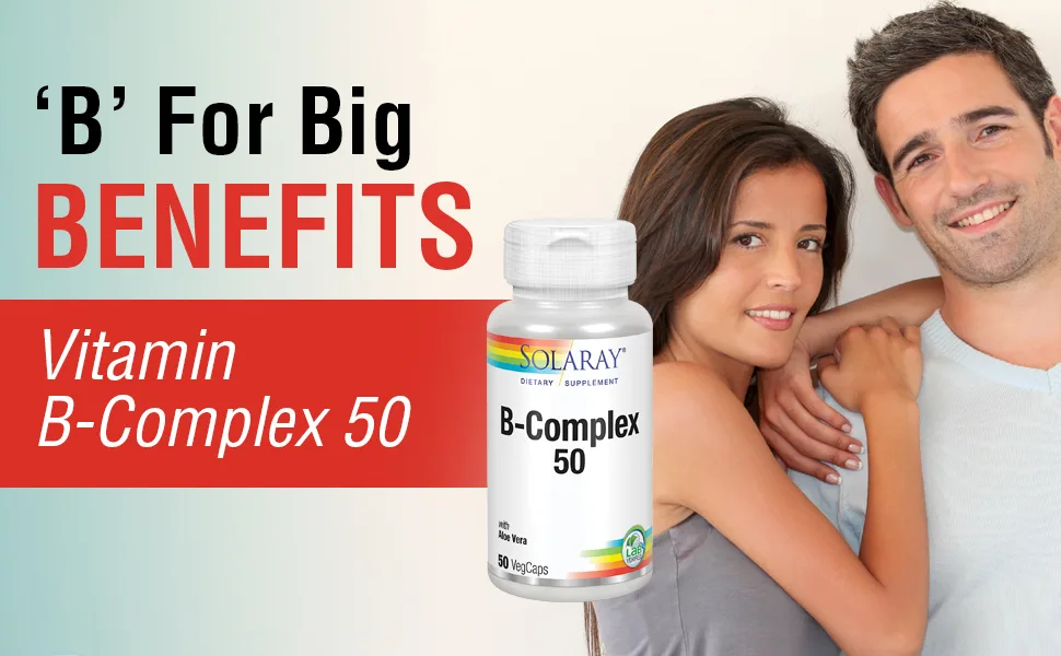 SOLARAY B-Complex Supplement 50mg 50 Count - Solaray Vitamin B-Complex 50mg Hair Skin Nails Nerves Immune Energy Metabolism Vegan 50 VegCaps
