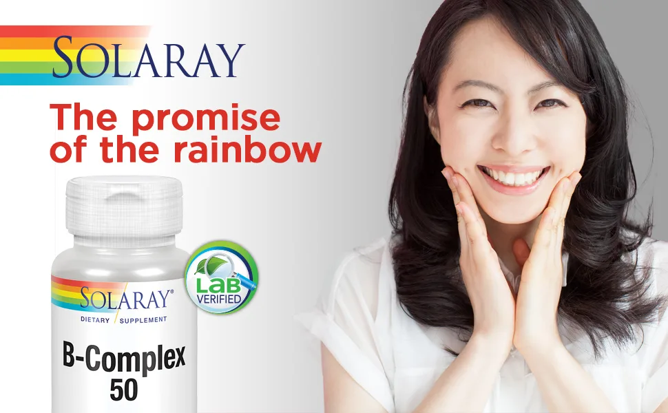 SOLARAY B-Complex Supplement 50mg 50 Count - Solaray Vitamin B-Complex 50mg Hair Skin Nails Nerves Immune Energy Metabolism Vegan 50 VegCaps