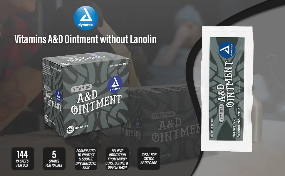Dynarex Vitamins A&D Ointment Without Lanolin - Vitamin A and D Ointment Protectant for Minor Cuts Burns Diaper Rash & Dry Skin - 1 Box - 144 Packets/Box - 5g Packets - first aid kit tattoo aftercare skin protectant squeezable petroleum jelly white petrolatum tube pure