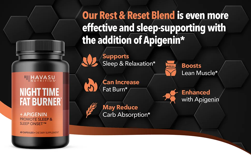 HAVASU NUTRITION Night Time Fat Burner Pills with Apigenin | 50mg | 60 Count - Out Rest and Reset