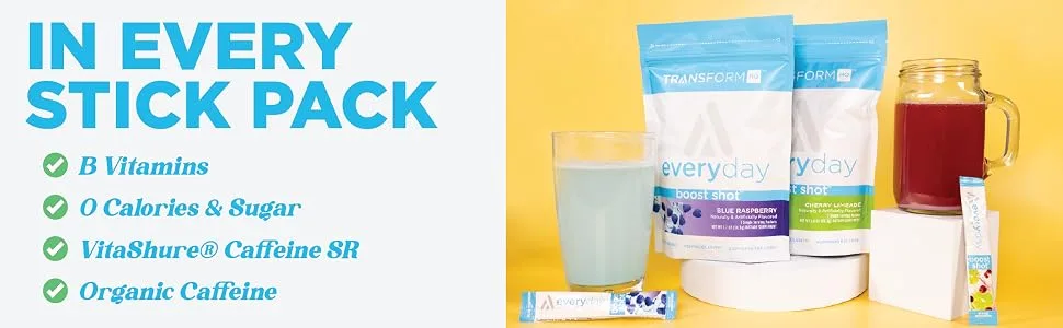 TransformHQ Boost Shot Powder Drink Stick Packets Rocket Pop 7 Pack Energy Supplements for Women & Men with Caffeine Vitamin B12 B9 B6 & B3 - In every stickpack are b vitamins, 0 calories or sugar, vitashure caffeine sr, and organic caffeine.