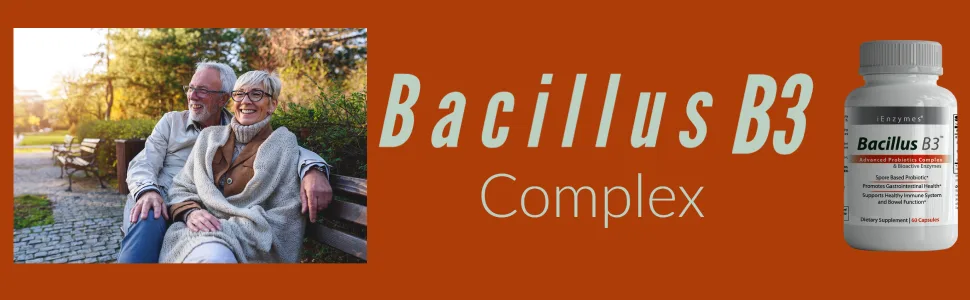 New Bacillus B3 Probiotic Complex & Bioactive Enzymes 100% Spore-Based Organisms - SBO - Better Survivability - B Coagulans B Subtilis & B Clausii - Non GMO - 60 Capsules Pack of 1 - Bacillus B3 Complex