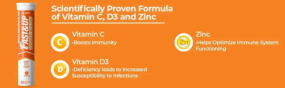 FAST&UP Vitamin C Vitamin D3 & Zinc -Complete Immunity Support- 20 Effervescent Tablets - One Daily - Orange Flavour 1 Count (Pack of 20) - Vitamin C,D3,Zinc