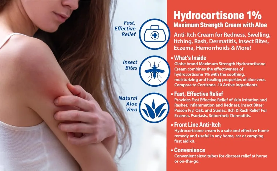 Globe (3 Pack Hydrocortisone Maximum Strength Cream 1% Anti-Itch Cream for Redness Swelling Itching Rash Bug/Mosquito Bites Eczema Hemorrhoids & More - Globe Hydro