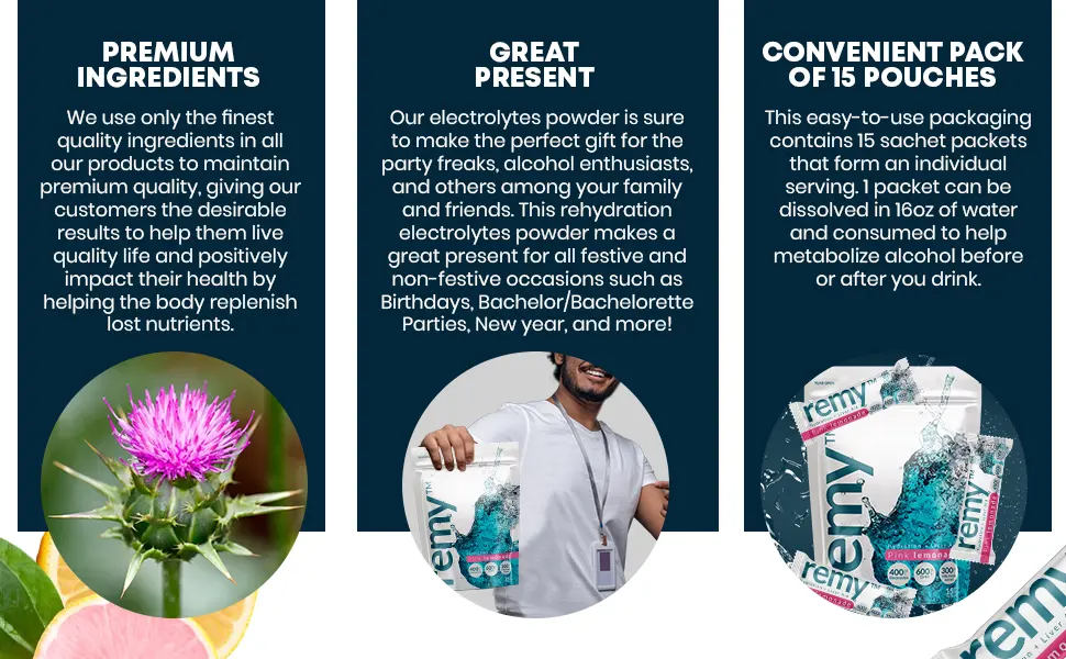 Remy - Hydration + Liver Aid - 15 Electrolyte Powder Packets Hangover Relief DHM Milk Thistle White Willow Bark Vitamin B - for Better Mornings - PLANT-BASED ELECTROLYTES POWDER