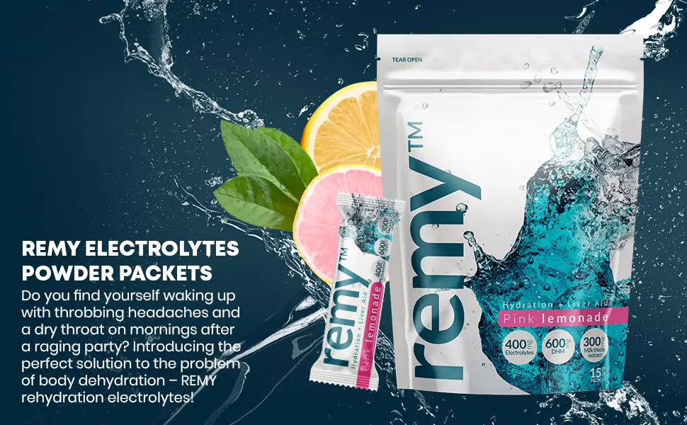 Remy - Hydration + Liver Aid - 15 Electrolyte Powder Packets Hangover Relief DHM Milk Thistle White Willow Bark Vitamin B - for Better Mornings - Remy - Enjoy a better morning