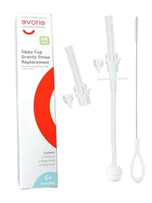 Evorie 360 Weighted Straw Replacement for 7 Oz Sippy Cup Includes Straw Cleaning Brush and Spare Nozzle (Pack of 2) - Evorie Gravity Straw Replacement Pack