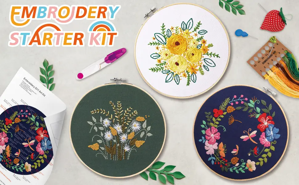 Mocoosy 3 Pack Embroidery Starter Kit with Pattern and Instructions Stamped Embroidery Kit for Beginners Cross Stitch Sets Sewing Craft Include 3 Embroidery Fabric 3 Bamboo Hoops and Color Threads - embroidery kit for beginners