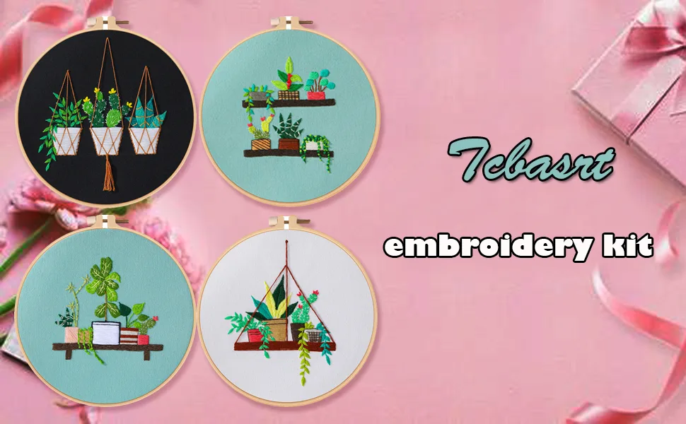 Tcbasrt 4Pack Embroidery Kit for Beginners with Pattern and Instructions Cross Stitch Kits Include 2 Embroidery Hoop 4 Embroidery Clothes with Plants Flowers Pattern Color Threads(Multicolor) - embroidery kit