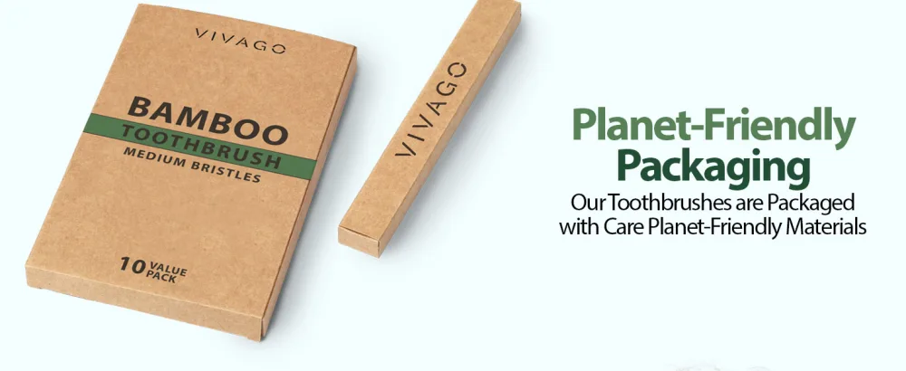 VIVAGO Bamboo Toothbrushes Medium Bristles 10 Pack - BPA Free Medium Bristles Toothbrushes for Adults | Eco-Friendly Compostable & Biodegradable Toothbrush | Natural Wooden Toothbrushes - packages