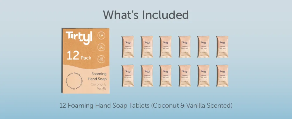 Tirtyl Foaming Hand Soap Tablet Refills - 12 Pack - 96 fl oz total (makes 12x 8 fl oz bottles of soap) - Cleansing & Moisturizing - Compostable Packaging - Coconut & Vanilla - 12cvdesk