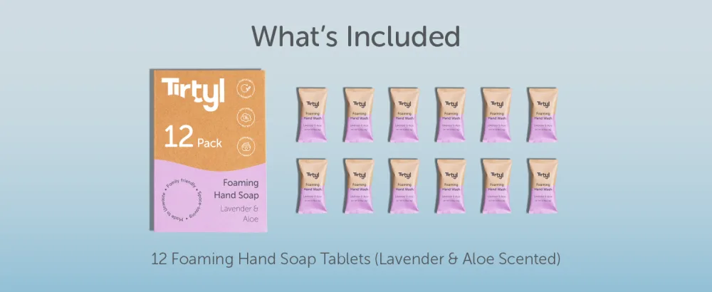 Tirtyl Foaming Hand Soap Tablet Refills - 12 Pack - 96 fl oz total (makes 12x 8 fl oz bottles of soap) - Cleansing & Moisturizing - Compostable Packaging - Lavender & Aloe - 12ladesk