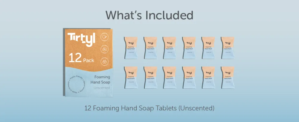 Tirtyl Foaming Hand Soap Tablet Refills - 12 Pack - 96 fl oz total (makes 12x 8 fl oz bottles of soap) - Cleansing & Moisturizing - Compostable Packaging - Unscented - ff 12 desktop