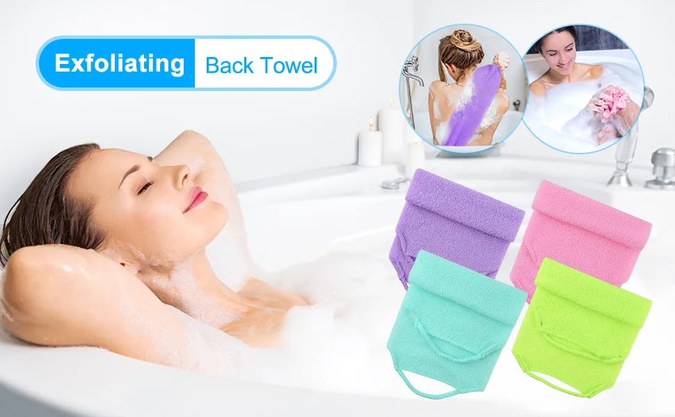WXJ13 4 Packs Nylon Back Exfoliator Exfoliating Back Scrubber with Handles Exfoliating Towel Body Exfoliator Back Washer Scrubber Stretchable Pull Strap Exfoliating Washcloth for Body Shower - Nylon Back Exfoliator