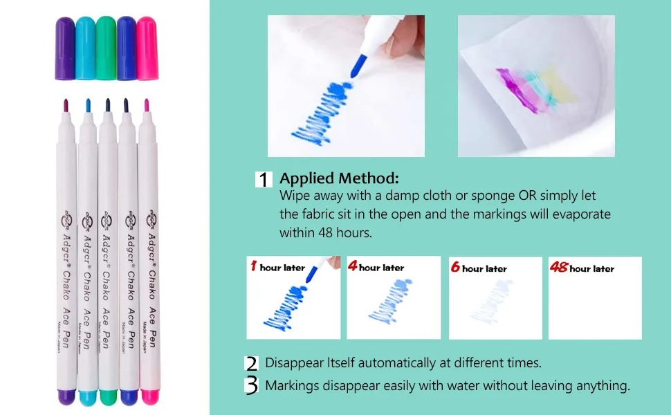 YsesoAi 15-Count 5 Color Disappearing Erasable Ink Fabric Marker Pen for Tailor's Chalk Gel pens Sewing Tools (3Pcs Each Color) - product information 2