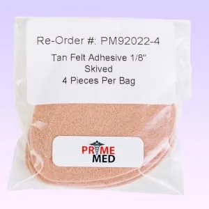 PrimeMed Self-Adhesive Skived Dancer Pads - (1/8 Thick Tan Felt) Metatarsal Pads (4 Pack) - product in its packaging