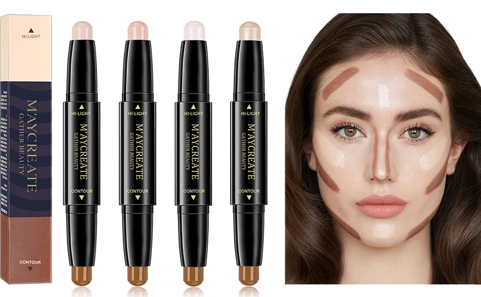 4 Pack Highlight Concealer Contour Stick Face & Nose Shadow Highlighting Stick Shadow Cream Pen Body Shading Makeup Stick Set 2 In 1 Bronzer Contour Highlight Stick - Highlight Concealer Contour Stick, Face & Nose Shadow Highlighting Stick, Shadow Cream Pen Body