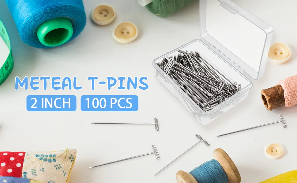 100 Pack Wig T-Pins 2 Inch with Plastic Box SilverSteel T-pins for Blocking Knitting Modelling and Crafts - product information 1