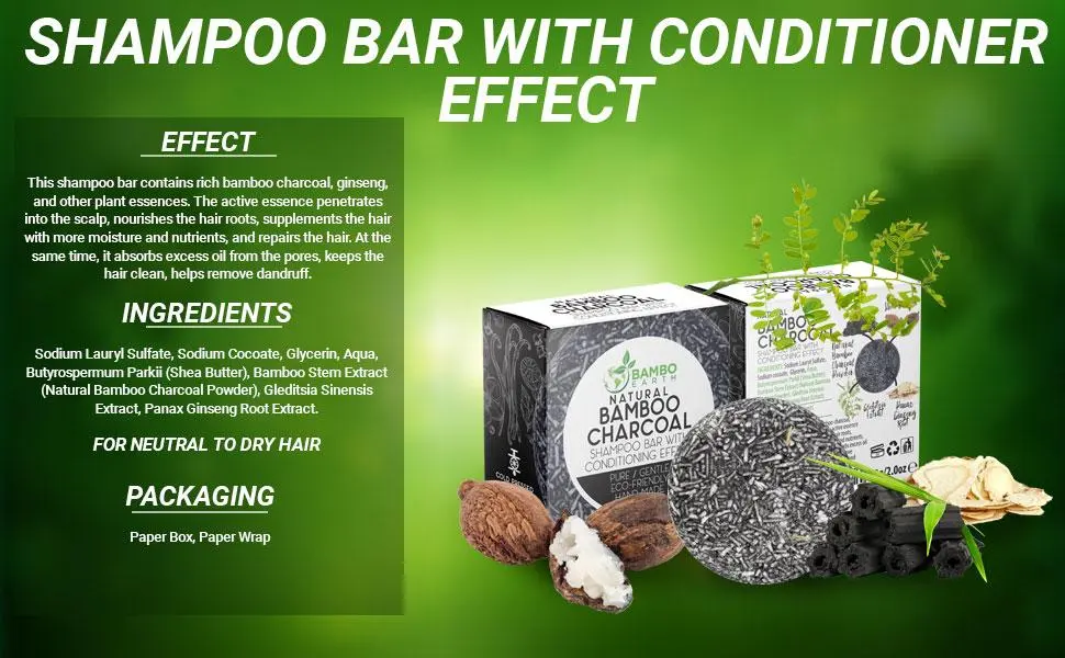 BAMBOEARTH Solid Shampoo Bar And Conditioner Effect Hair Soap 100% Organic Shampoo Bars For Hair With All Natural Plant Based Essential Oils And Zero Waste Biodegradable Packaging (Bamboo Charcoal) - Shampoo bar bars natural hair conditioner body