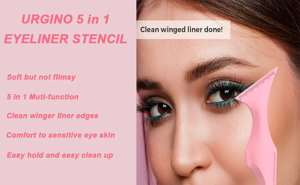 URGINO 5 in 1 Silicone Eyeliner Stencils Reusable Clean Winged Liner for Eyes Make up Tools as Eyelash Shield/Eyebrow Shaping/Jaw Line/Lip Line for Beginners(Pink) 1 Count - 5 in 1 eyeliner stencil Clean Winged Liner for Eyes