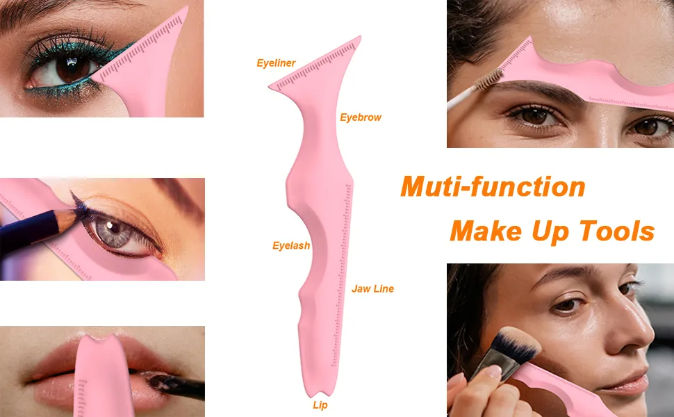 URGINO 5 in 1 Silicone Eyeliner Stencils Reusable Clean Winged Liner for Eyes Make up Tools as Eyelash Shield/Eyebrow Shaping/Jaw Line/Lip Line for Beginners(Pink) 1 Count - useful make up tools for cateyes/eyelash shield/eyebrow shaping/face cuntour shaping/lip Liner