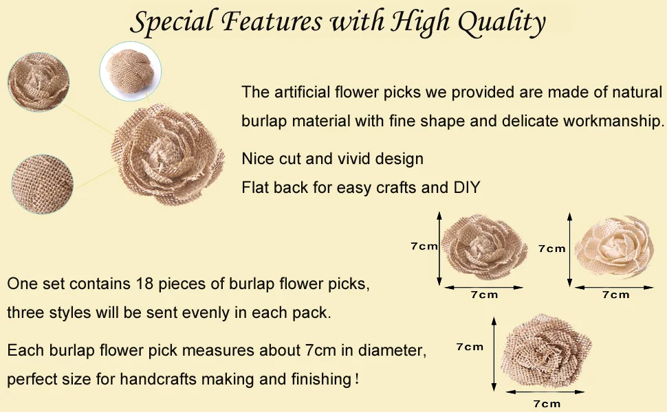 CCINEE Natural Burlap Flowers Assorted Handmade Burlap Rose for Wedding Decoration and Floral Crafts Making Pack of 18 - Basic features about burlap flower picks